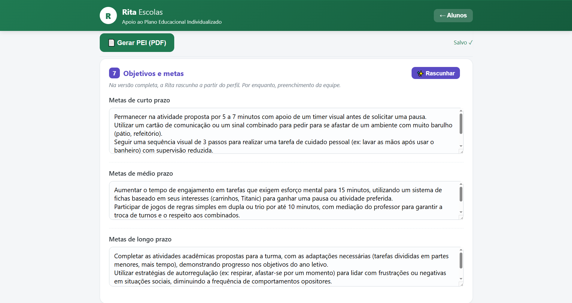 A Rita rascunhando objetivos e metas do PEI